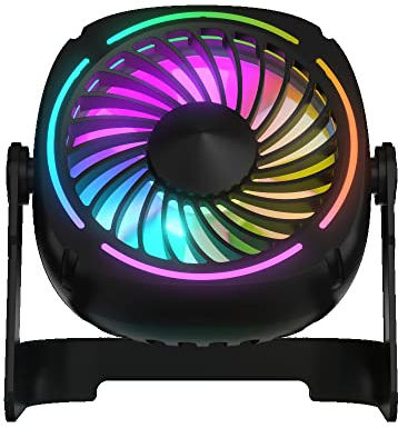 Small USB RGB Desk Fan Portable Table Fan with 3 Levels Air Flow,8 Color LED Lights, 360° Rotation,Quiet Mini Personal Fan for Home Office Desktop (UF-4B)
