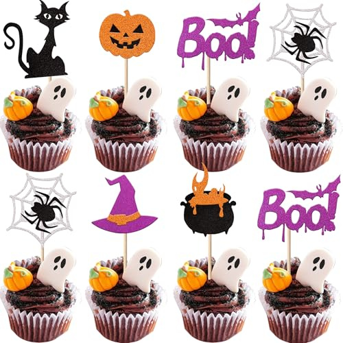 24 Stück Halloween Cupcake Toppers Glitter Hexe Katze Kürbis Spinnennetz Cupcake Picks Boo Geist Tortendekorationen für Happy Halloween Thema Baby Dusche Geburtstag Party Kuchen Dekoendeko…