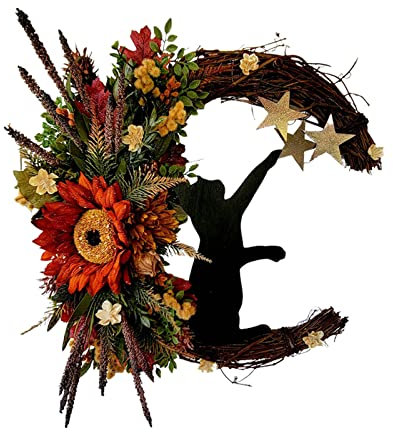 Sempoda Corona de gato de luna de Halloween, corona de bruja de gato negro de 11.8 pulgadas para puerta delantera, corona de otoño artificial de gato en la luna, guirnalda para el hogar, vacaciones,