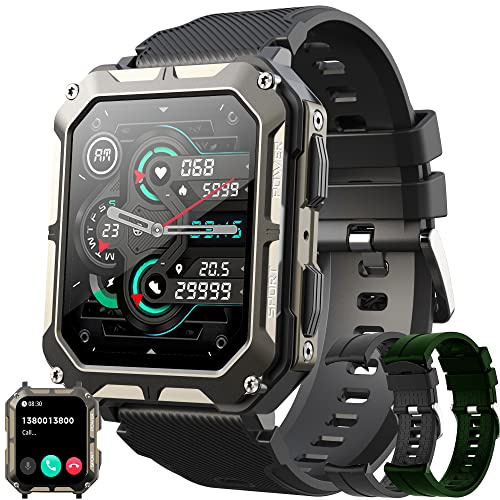Smartwatch Herren mit Telefonfunktion, 1,81 Touchscreen 5ATM Wasserdicht Sportuhr mit Blutdruckmessung, Herzfrequenz, Schrittzähler, 123 Sportmodi Militärische Fitnessuhr für iOS Android (Schwarz)