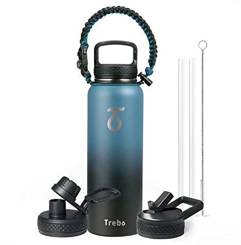 Stainless Steel Water Bottle 1.2L, Trebo Insulated Water Bottle Double with Paracord Handle Sports Bottle Wide Mouth Keep Cold 48 Hours Insulated Water Bottle with 3 Lids, Indigo Black