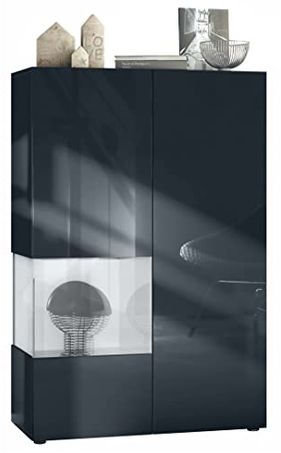 Vladon Vitrine Morena V2, Made in Germany, Standvitrine mit 2 Türen und Glaseinsatz, Korpus Schwarz matt, Fronten Schwarz Hochglanz, Cube Weiß Hochglanz (91,5 x 136,5 x 37 cm)