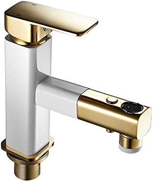 Rubinetto Bagno con Doccetta Estraibile Rubinetto Lavabo con 360 °Girevole Beccuccio Miscelatore Bagno,bianco+oro