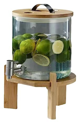 WRJAHCG Dispensador De Bebidas De Cristal,Dispensador De Bebidas De Vidrio con Grifo y Tapa de Madera para Bebida Caliente o fría - Garrafa de Agua,Faucet +Base,5L