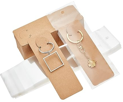 PH PandaHall 100 juegos de tarjetas de exhibición de llaveros, soporte de exhibición de llavero de papel largo con bolsas autosellantes, embalaje de regalo de llavero para pequeñas empresas