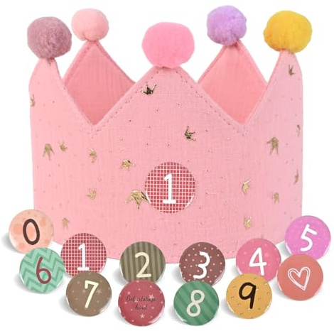JOYUE Corona di Compleanno per Bambini con Numeri, Cappello da Festa in Tessuto per Ragazzi e Ragazze (Rosa)