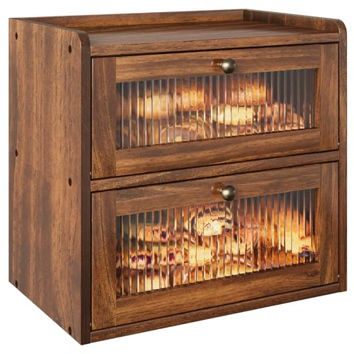 Alpeir Double Layer Large Bread Box for Kitchen Counter, Wooden Corner Bread Storage Container with Acrylic Window, Retro Brown