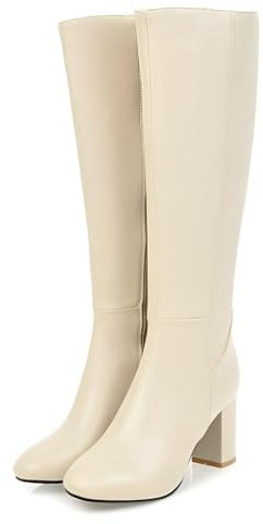ticticlily Damen Langschaftstiefel mit Absatz bis zum Knie Elegant Sexy Runde Zehe Plattformen High Heel Stiefel A Beige 38 EU