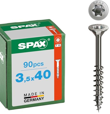 SPAX Tornillo de Acero Inoxidable A2 3,5 x 40 mm, 90 pzas., T15 | Tornillos para madera con rosca parcial y punta 4CUT, cabeza avellanada MULTI para proyectos de exterior y jardín.