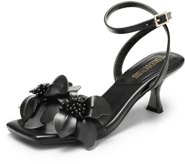 DREAM PAIRS Womens Low Kitten Heels Sandals | responsive latex insole, vegan leather upper & lining, square toe, adjustable strap