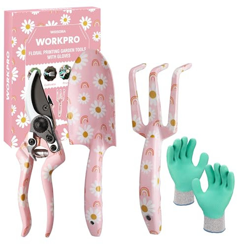 WORKPRO Set di attrezzi da giardino da 4 pezzi, attrezzi da giardino con scatola regalo, pala da giardino, cesoie da giardino, guanti da giardino, regali per giardinieri, regalo per il giardino rosa