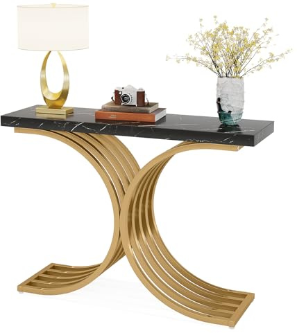 Tribesigns Schmal Konsolentisch, Beistelltisch mit Gold Metallgestell, 100 x 30 x 80 cm Flurtisch, Kleiner Ausstellungstisch, Sofatisch für kleinen Raum, für Eingang, Wohnzimmer (Schwarz)