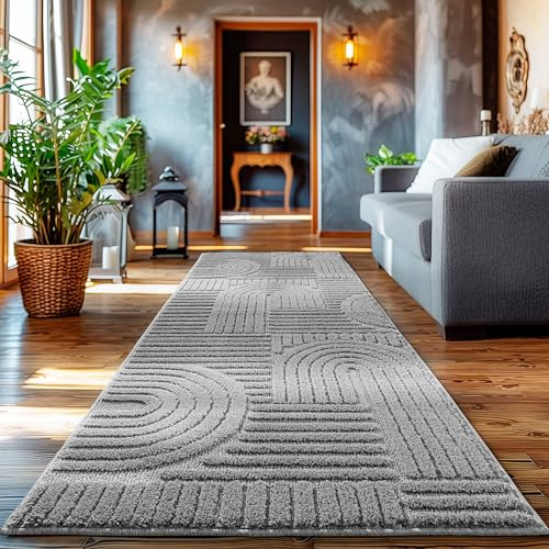 HomebyHome Teppich Läufer 80x250 cm Grau, Hochflor Wohnzimmer Teppich, Weich & Flauschig, Skandinavisch Boho Stil, Langflor Shaggy, Pflegeleicht, Jute Rückseite