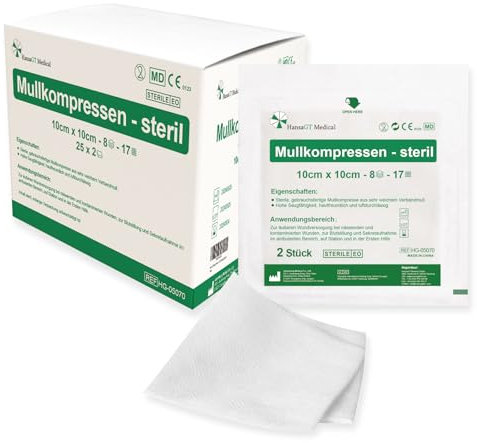 HansaGT Medical Kompressen Sterile 10x10cm 50 Stück Wundkompressen STERIL 8 Lagen Wundauflage Verbandsmaterial Mullkompressen Wundgaze Kompresse zur Wundversorgung Blutabsorbtion und Sekretaufnahme