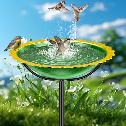 KHayRovies Vogeltränke stehend für Außen, Metall Vogelbad Vogelfutterspender Ständer mit 4 Zinken Basis Pfahl, Wasserschale Vogel Bad Vogelfutterstelle Futterstelle für Wildvögel Garten (Grün-Gelb)
