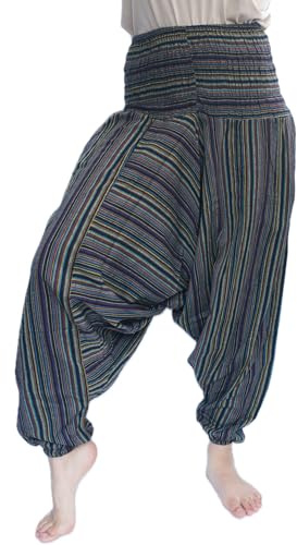 Pantaloni Aladino Estivi Unisex a Vita Alta, Harem Multicolore a Gamba Larga, Strisce Colorate, Elastico in Vita, Cotone, Ali Baba (IT, Testo, Taglia Unica, Regular, Regular, Viola e Verde)