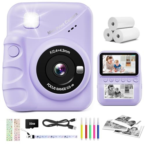 CalineGam Sofortbildkamera Kinder, 3,0 Zoll Bildschirm 48MP Kinderkamera Sofortbildkamera mit 32 GB-Karte, 1080P HD Kamera Kinder Sofortdruck, Geschenk für 3-12 Jungen und Mädchen (Lila)