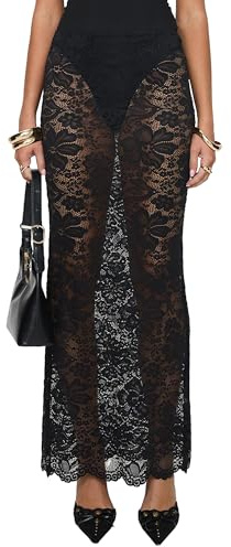 LYSINK Schmaler Maxirock für Damen, Spitze, elegant, Blumenmuster, niedrige Taille, durchsichtig, langer Rock, zum Ausgehen, Überziehen, A-schwarz, L
