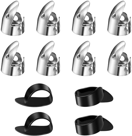 TIESOME 12 stycken justerbara fingerplock, rostfritt stål fingerplektrum plast tumme plektrum set gitarrtillbehör för olika strängar gitarr banjo harpa bas