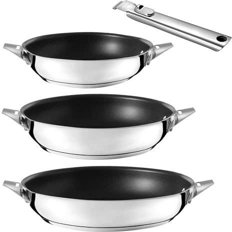 CUISINOX - Eclipse - Lot 3 poêles 2-24-28 cm avec revêtement céramique et poignée amovible tout inox - Fond encapsulé - Compatible tous feux - Acier Inoxydable 18/1 - Finition miroir