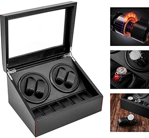 Lilyeriy Uhrenbox automatische Uhrenbeweger Box mit 4 Uhrenbewe + 6 Uhren automatik Uhrendreher Elektrische Rotierende Uhrenaufbewahrungsbox Kohlefaser-PU-Leder