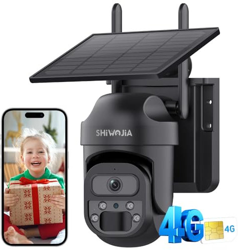 SHIWOJIA 3G/4G LTE Camera Surveillance Exterieure sans Fil, Camera Solaire 4G avec Carte Sim, Détection Humaine PIR et Alarmes de Zones Personnalisées, Étanchéité IP66, Noir