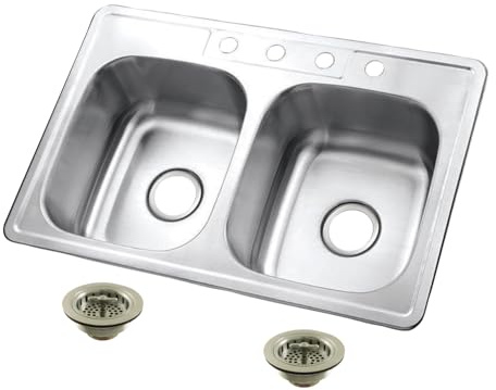 Kingston KGKTD332268 Kitchen Sink, Brushed Stainless Steel/Brushed Nickel