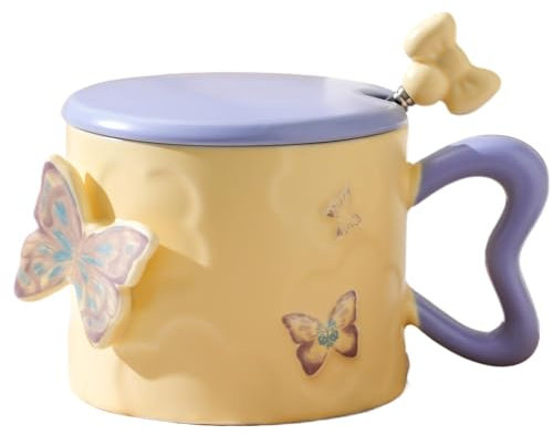 Mimoqk Butterfly Coffee Taza, Taza de cerámica elegante, 12 oz con mango, Spill Resistant Lid, Aesthetic Drinkware For Women, Girlfriend, Mother's Day Rewards, té o café