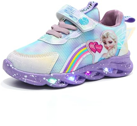 Sneakers con luces for niños, zapatos ELSA for niñas, trainers intermitentes for kids con luz y cierre de MAGIC TAPE, zapatillas luminosas antideslizantes for primavera, verano y otoño(Púrpura,25 EU)