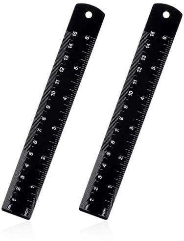 2 Stück Lineal 15cm Schwarz Metalllineale Metall Lineal für Zeichnungen | Doppelskala Metrisch und Imperial, 6 Zoll-MM, Präzision Messwerkzeug, mit Umrechnungstabelle, im Schulbüro, von Schülern