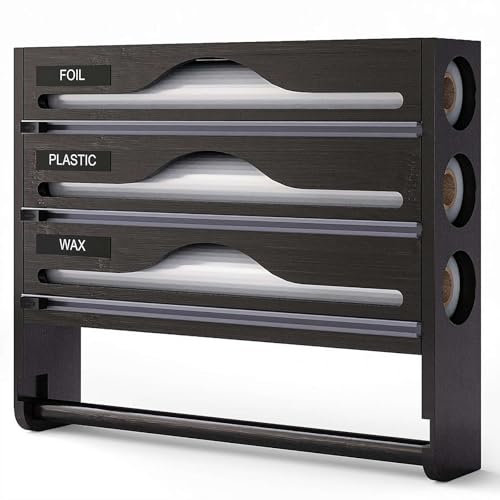 Cling Film Dispenser & Cutter, 5 In 1 Foil Dispenser Organizer With Paper Holder, Wall-Mount Bamboo Foil & Cling Film Dispenser For 12'' Roll (Black)