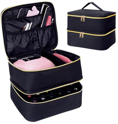 YAHOURWAT Nagellack förvaring väska dubbla lager nagellack arrangör förvaring 30 flaskor (15 ml/0,5 fl.oz) med justerbar avskiljare för förvaring av nageltork och nagel, svart