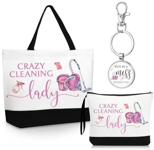 Kacctyen 3 Pcs Housekeeping Appreciation Gift, Housekeeping Week Tote Bag Cosmetic Makeup Bag Cleaning Keychain for Cleaning Service Staff Coworker