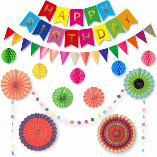 LowCarbonLife Geburtstagsdeko Bunt Party Deko – Happy Birthday Girlande, Wimpelkette, Wabenbälle & Papierfächer – Wiederverwendbare Deko Geburtstag für Kinder (Mädchen & Jungen)