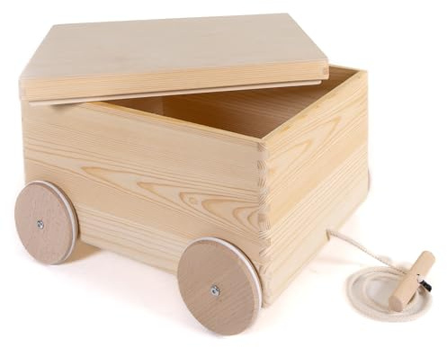 HolzFee Spielzeugwagen zum Ziehen Spielzeugkiste Holz mit Rollen Räder 40 x 30 x 26 cm Auswahl (mit Steckdeckel)