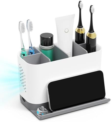 toprance Toothbrush Holder Large Capacity 6 Slots Electric Tooth Brush Holder with Front Ledge for Phone and Ring, Detachable Bathroom Toothbrush and Toothpaste Holder with Drainage, Cord-friendly