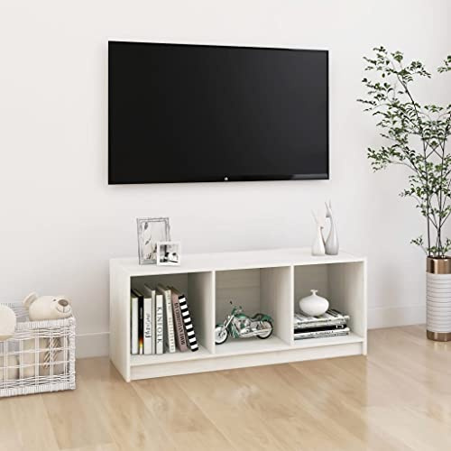 ULUYYUC Armoire TV blanche 104 x 33 x 41 cm en pin massif avec espace de rangement pour salon