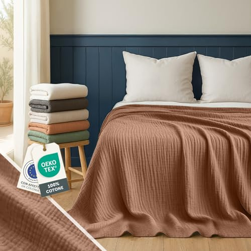 Blumtal Coperta Mussola Matrimoniale 220x240 cm - Certificata OEKO-TEX - Cotone Estivo 100% - Telo Copridivano Colore Rame