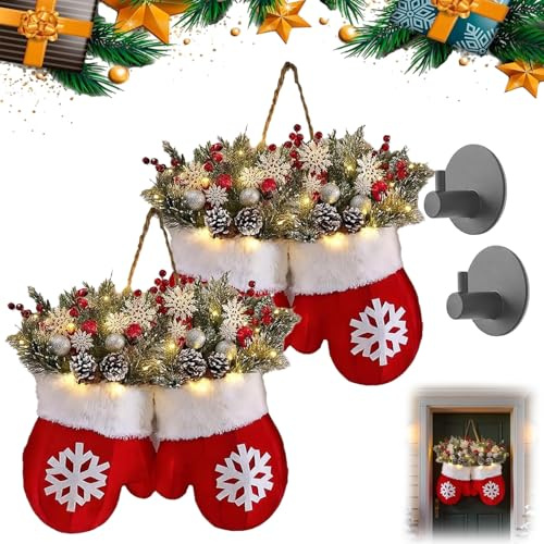 Yagerod Funkelnder Christstulpen-Kranz mit 120 LED-Lichtern & 10h Auto-Timer, Beleuchteter, beflockter Weihnachtskranz, mit künstlichen Tannenzweigen, roten Beeren und mattierten Tannenzapfen(2)