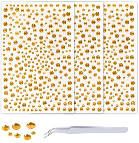 XINDY Glitzersteine Gesicht, Glitzersteine Selbstklebend, 3/4/5/6mm Strasssteine Selbstklebend für Gesicht Nägel Haare Augen Körper, Karneval Make Up Festival Accessoires, mit 1 Pinzette, Gold