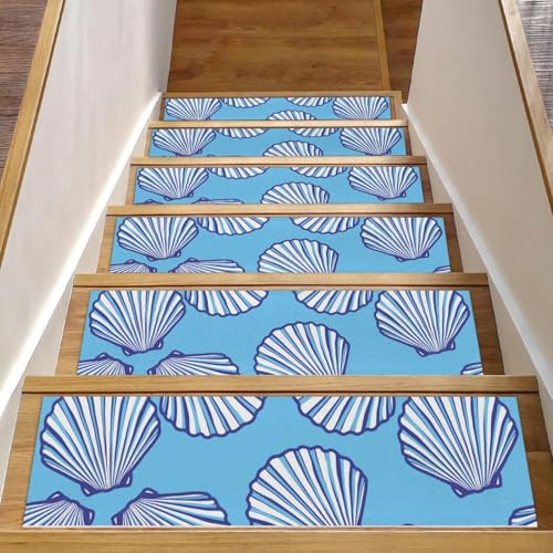 Eslifey Peldaños de escalera con patrón de caracol de mar para peldaños de madera, paquete de 15 unidades, 30 x 8 pulgadas, antideslizantes, para interiores, para perros, niños, ancianos, con adhesivo