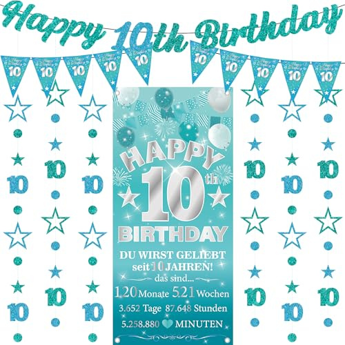 10 Geburtstag Junge Mädchen Deko - 9 Stück Teal Glitzer Geburtstagsdeko Birthday Banner Hintergrund Twinkle Star Girlande Hanging Streamer(6 M) For 10 Jahre Party Dekoration