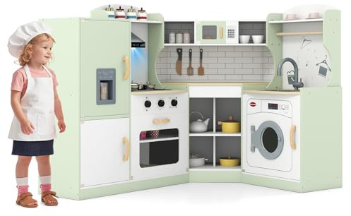 GYMAX Kids Corner Kitchen, Wooden Toy Kitchen with Microwave, Washing Machine, Ice Maker, Cooking Accessories, Realistic Light & Sound, Large Play Kitchen for 3 Years Old + (Green)