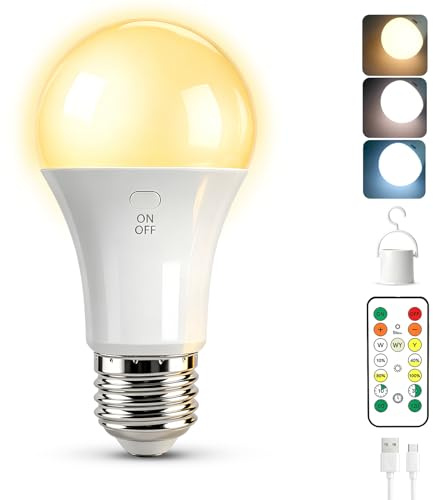 Liuyife 2600mAh Bombilla Recargable con Mando, 7W 3 Color Regulable & Timer, USB E27 Exteriores Luz de Emergencia Acampar Portátil con Gancho, LED Linterna de Camping para Tienda, 1 Piezas