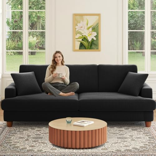 Kidirect Cord Sofa 3 Sitzer, 221CM Bequemes Couch 53CM Extra Tiefe Sitze, Sofa Wohnzimmer Werkzeugfreie Montage, Big Sofa Couch mit 2 Kissen, Modernes Couch fürs Büro, Schlafzimmer Sofas Schwarz