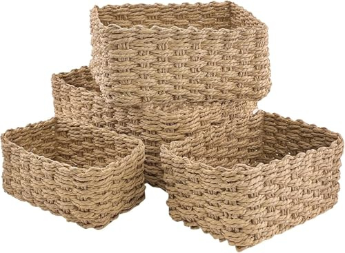 Aufbewahrungskorb Badezimmer 4er Set, Geflochtene Regalkörbe aus Papierseil | 4 Größen aus recyceltem Papierseil für Bad, Regal und Kosmetik – dekorative Körbe für stilvolle Ordnung