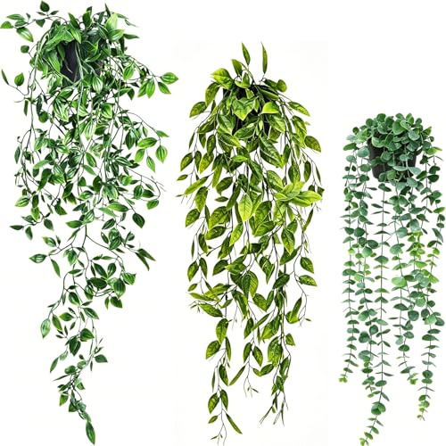 Jsleid 3 Piezas Planta Artificial Colgante con Maceta, 80/65/56cm | Plantas Artificiales Colgantes para Estantería, Hiedra Verde Mantenimiento Sin, para Oficina Estar Balcón Jardín
