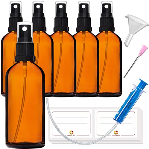 HandsUnity 100ml-6Stk Sprühflasche Glasflasche mit Zerstäuber Bernstein Apothekenflaschen-Set mit schwarzer Zerstäuber Glassprühflasche aus Braunglas mit 17 Stk Zubehörteilen