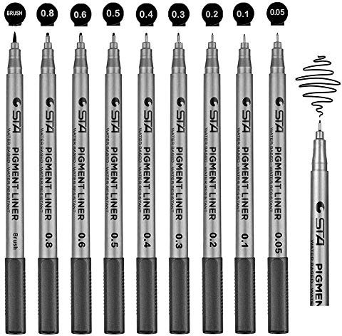 9 Fineliner Stifte, Wasserdicht Pigment Liner Set Schwarz 8 Linienbreiten und 1 Brush zum Skizzieren, Künstler Artist Illustration, Technische Zeichnung, dokumentenecht lichtecht superfein
