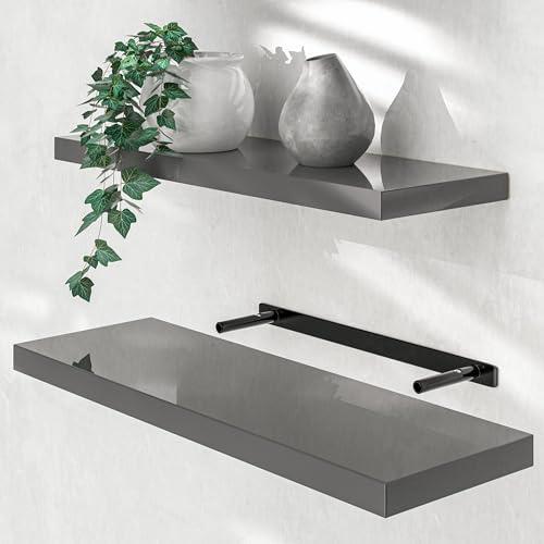 Casaria® Wandregal Holz Grau Regal mit Halterung 15kg Tragkraft Hängeregal Küche Wohnzimmer Flur Wand Schweberegal Bücherregal Regalbrett Schwebend Hochglanz 70cm